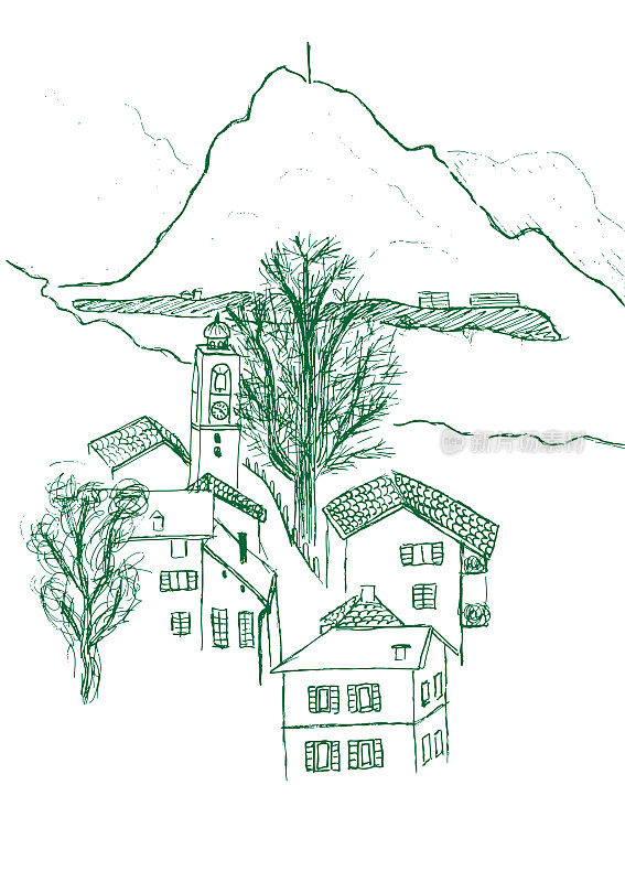 Sketch of Cadro village in the canton Ticino, Switzerland